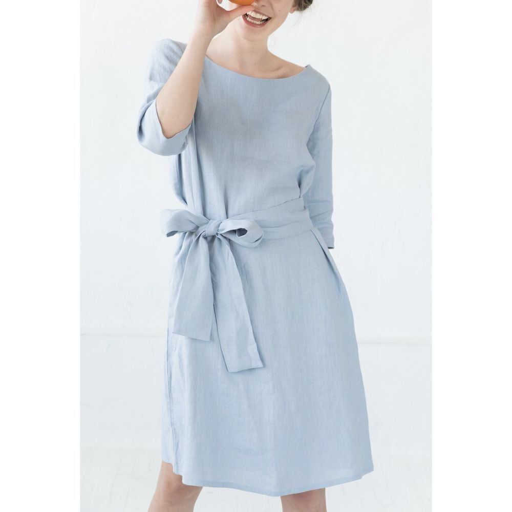 Le Muse Linen Summer Dress in Light Blue SZ L